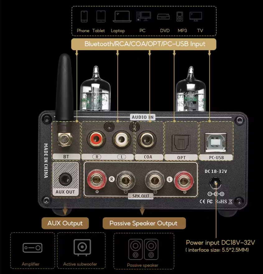 Aiyima Tube T9 Pro connectique arrière — entrées RCA, USB-C, optique, coaxiale, bornes HP et jack 3,5mm préout