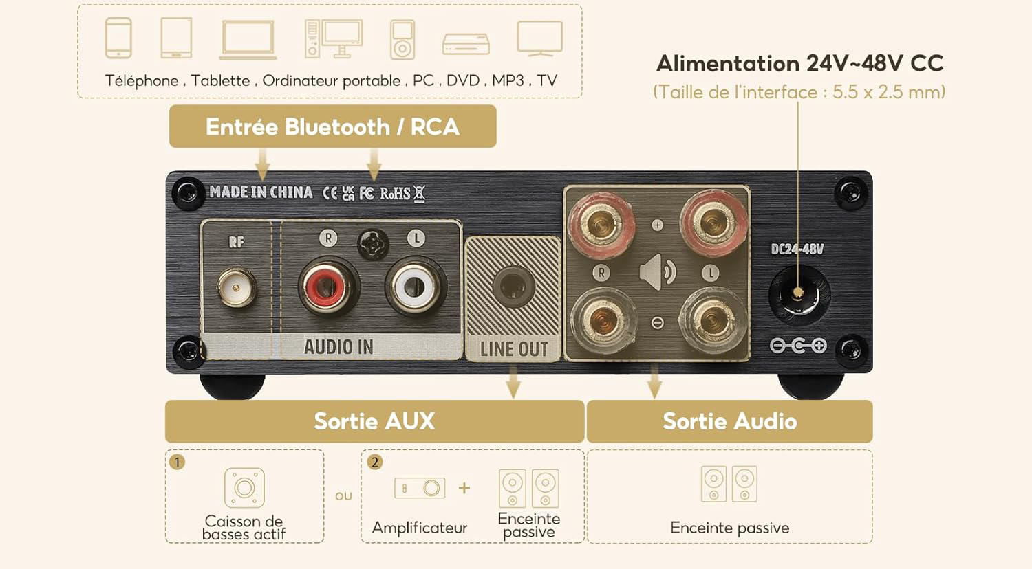 Aiyima A07 Pro connectique arrière : bornes HP, RCA, jack 3.5mm line out, prise alimentation DC