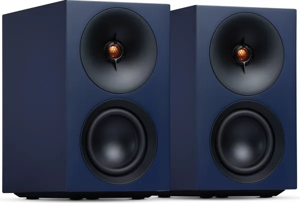 Cambridge Audio L/R S en finition bleu — enceinte active compacte pour bureau et étagère