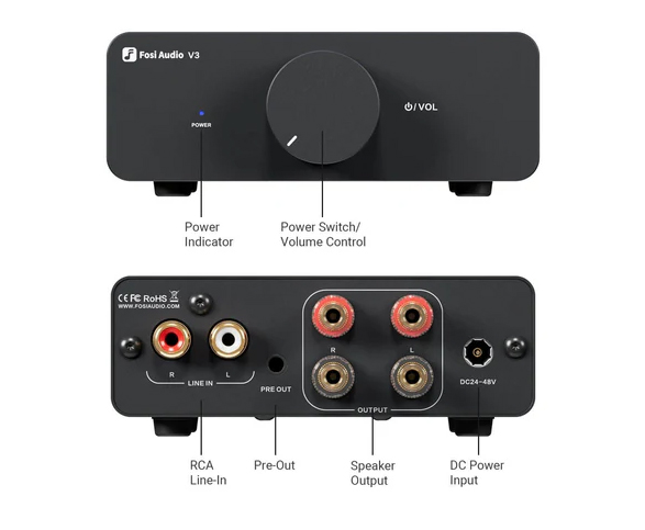 Fosi Audio V3 St&eacute;r&eacute;o &mdash; connectique avant et arri&egrave;re