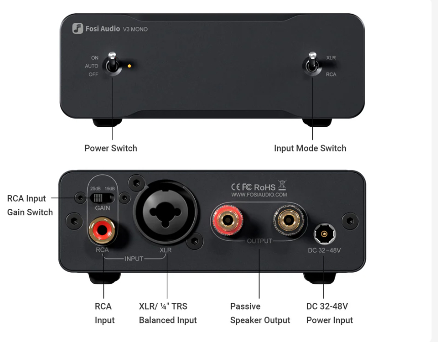 Fosi Audio V3 Mono &mdash; connectique avant et arri&egrave;re