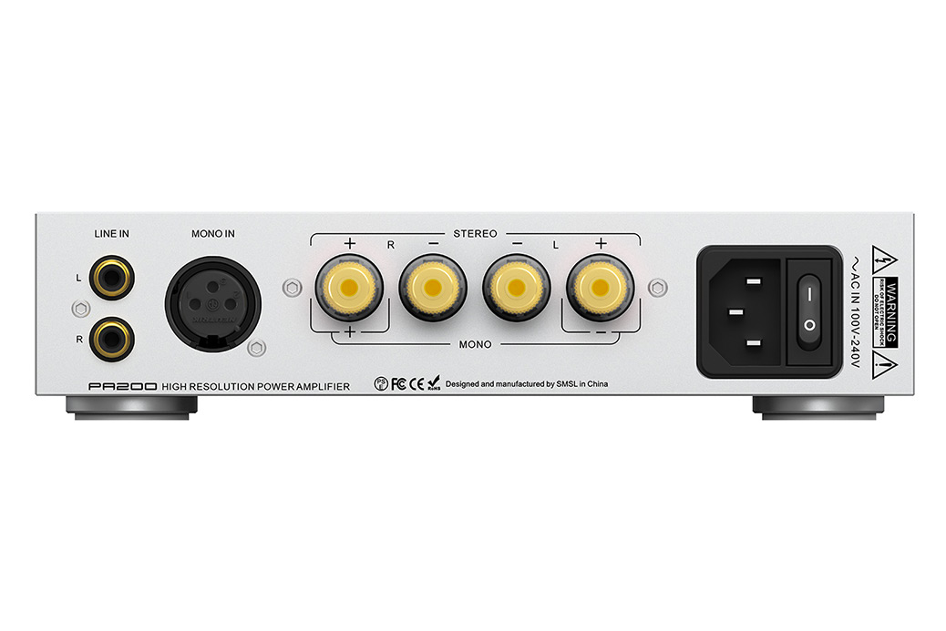SMSL PA200 connectique arrière — entrées RCA XLR borniers enceintes