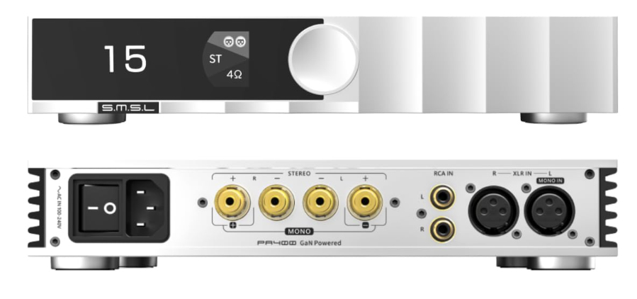 SMSL PA400 amplificateur GaN 2x250W — châssis aluminium aéronautique