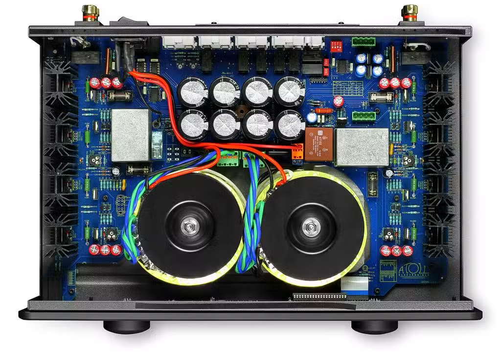 Atoll IN200 EVO intérieur — double transformateur torique 340 VA côte à côte, condensateurs MKP Mundorf blindés, PCB double mono fabriqué en France