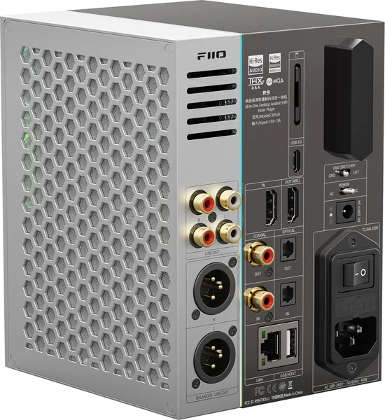 FiiO R9 vue arrière — connectique complète : HDMI ARC, HDMI IN, XLR, RCA, USB-C, optique, coaxial, Ethernet