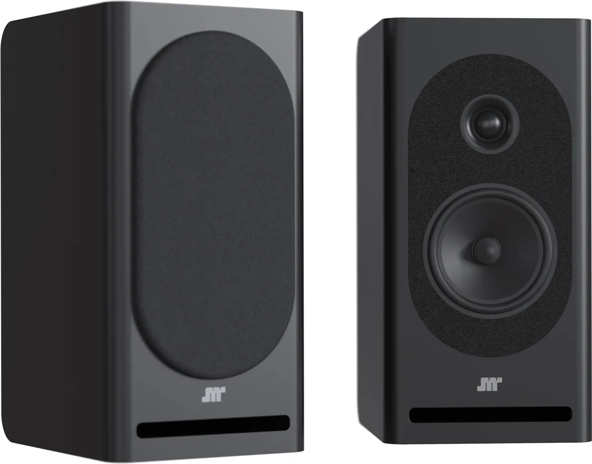 JM Reynaud Lucia MkII finition noir satiné — coffret MDF 19mm, chants arrondis, grille magnétique, évent laminaire frontal