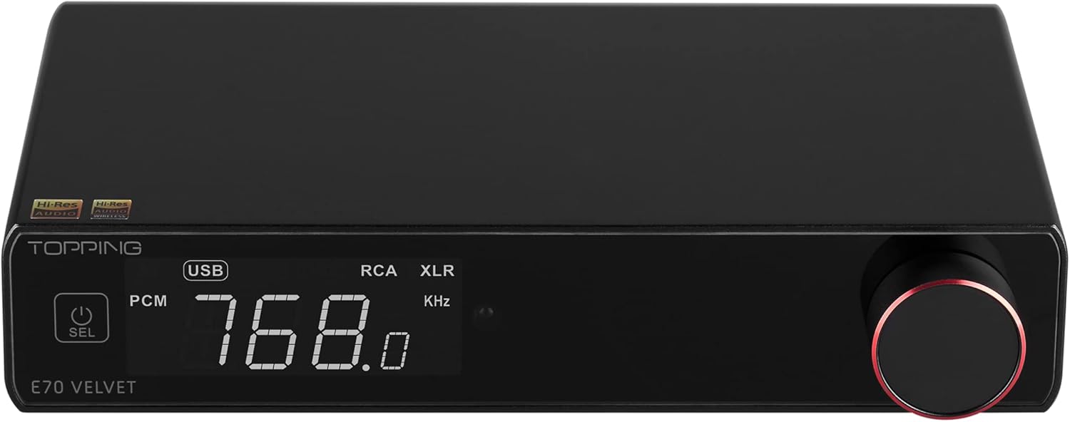 Topping E70 Velvet face avant — écran OLED, molette volume, bouton tactile alimentation