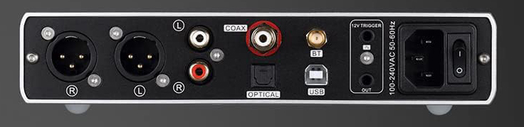 Topping E70 Velvet vue arrière connectique — USB-B, coaxial, optique, XLR, RCA, trigger 12V