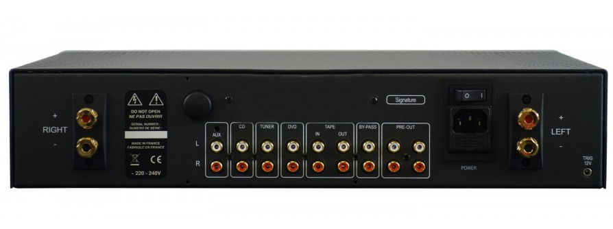 Atoll IN200 EVO vue arrière — connectique analogique RCA, borniers cuivre au tellure, entrée By-pass, emplacement carte DAC optionnelle