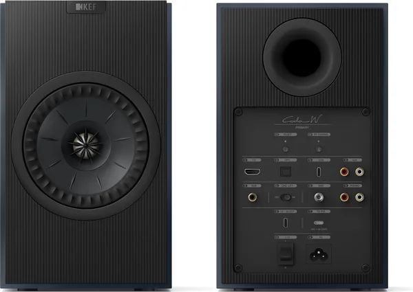 KEF Coda W vue avant et arrière connectique — HDMI ARC, optique, USB-C, phono MM, RCA ligne, sortie subwoofer