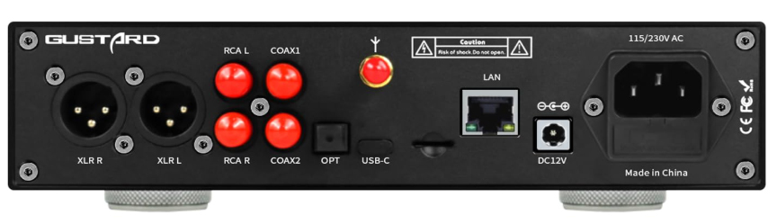 Audalytic DR70 vue arrière connectique — USB-C, coaxial x2, optique, Ethernet LAN, XLR, RCA