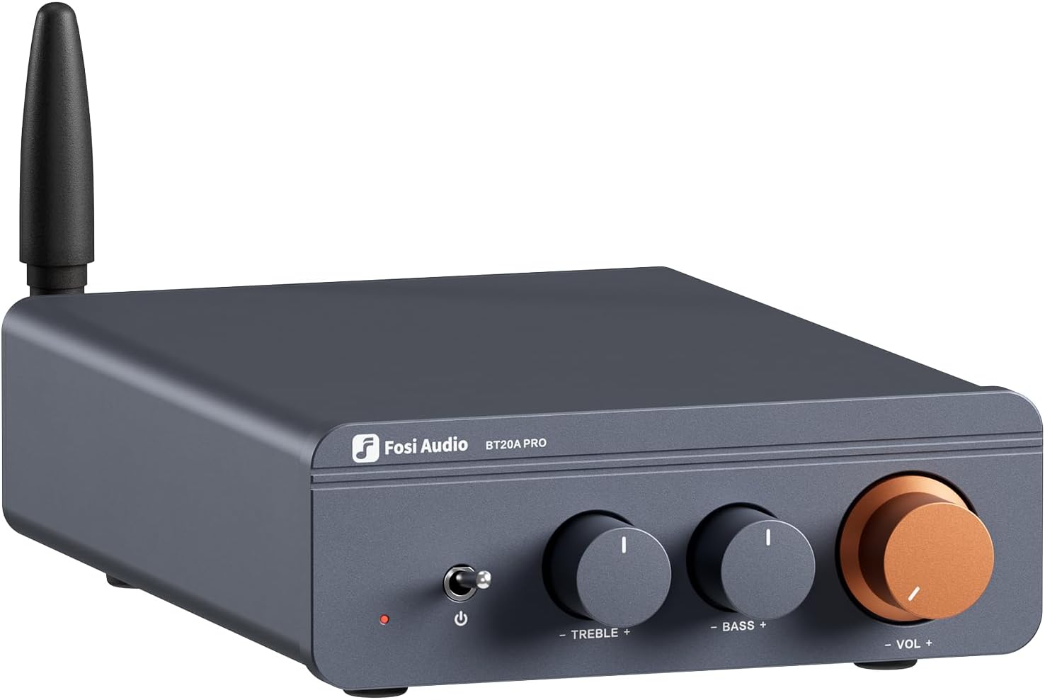 Fosi Audio BT20A Pro — ampli Classe D TPA3255, bouton orange iconique, finition aluminium bleu